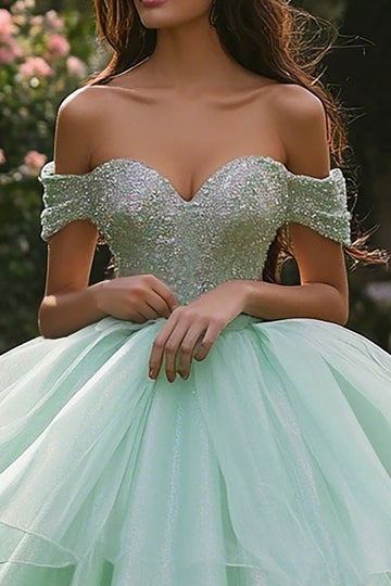 Glitter Ball Gown Off The Shoulder Mint Green Quinceanera Dress